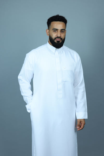 High Quality Fabric White Thobe With Hidden Zip and Shirt Collar